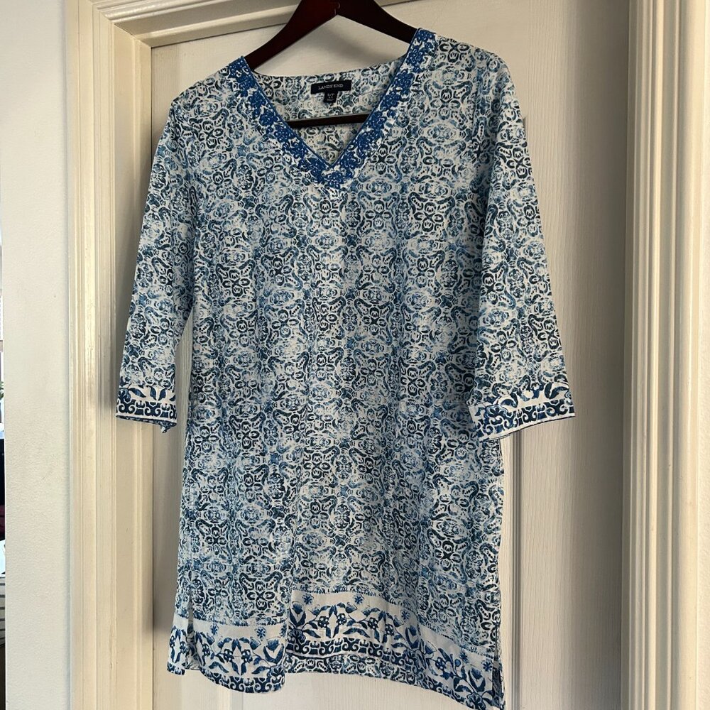 Lands End Cover Up Blue and White Small Petite 6-8